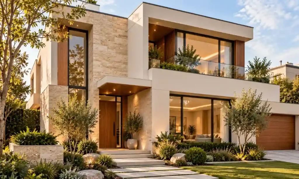 Modern house facade combining natural stone walls with smooth white render.