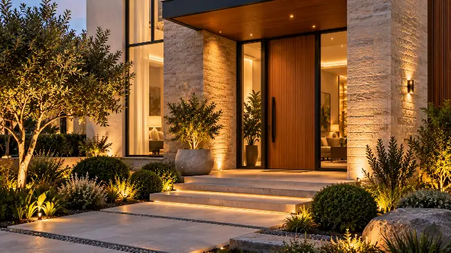 Recessed modern house entrance with timber door, stone wall and warm architectural lighting.