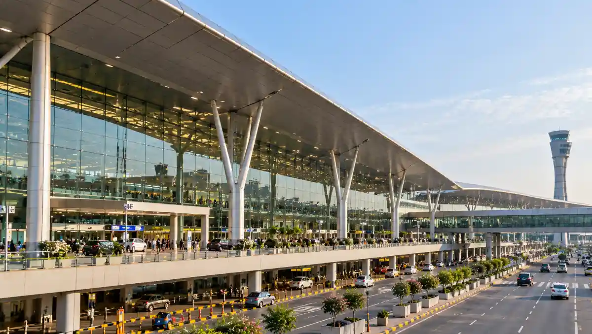 Exterior architecture of Rajiv Gandhi International Airport passenger terminal in Hyderabad, India.