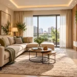 Small contemporary living room with light furniture, large windows, a mirror and space-saving storage.