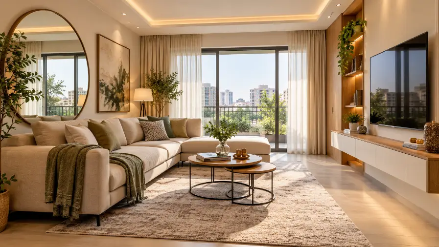 Small contemporary living room with light furniture, large windows, a mirror and space-saving storage.