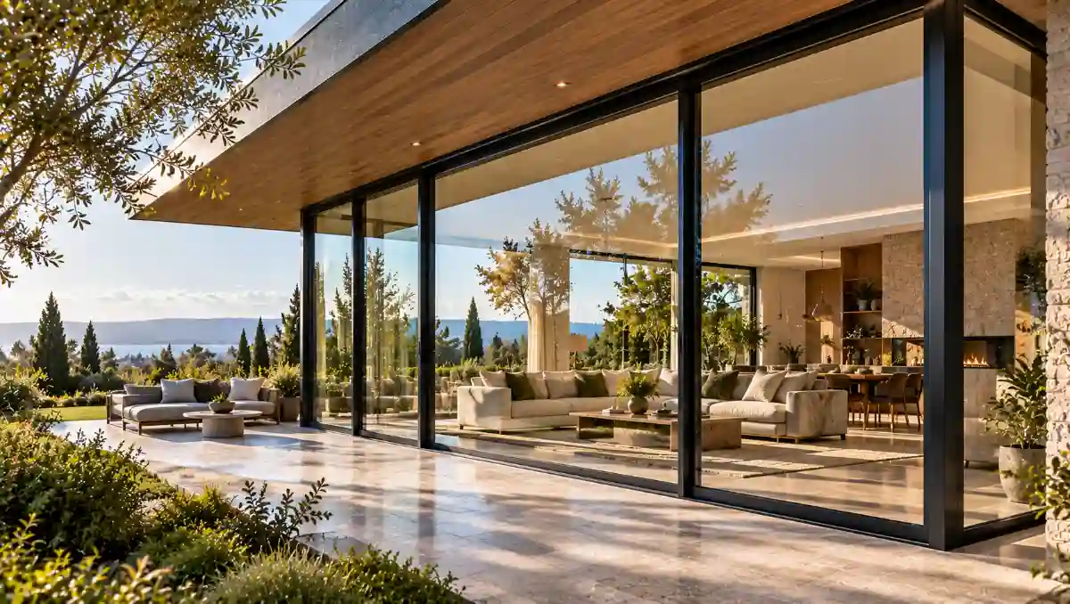 Contemporary home with large thermally broken aluminium windows, slim dark frames and insulated glazing.