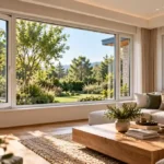 Contemporary living room with white uPVC casement and fixed windows overlooking a landscaped garden.