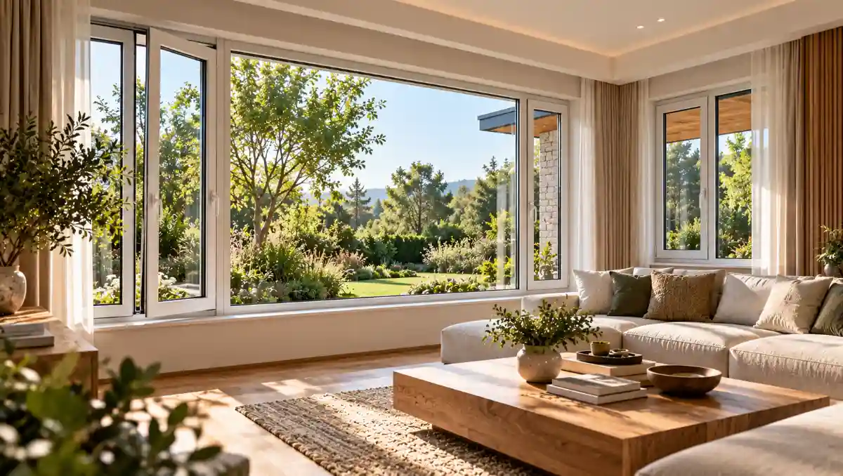 Contemporary living room with white uPVC casement and fixed windows overlooking a landscaped garden.