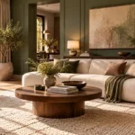 Heritage green living room with cream sofa, walnut furniture and brass accents.