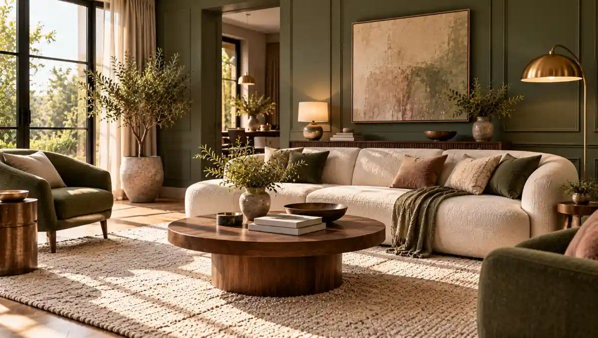 Heritage green living room with cream sofa, walnut furniture and brass accents.